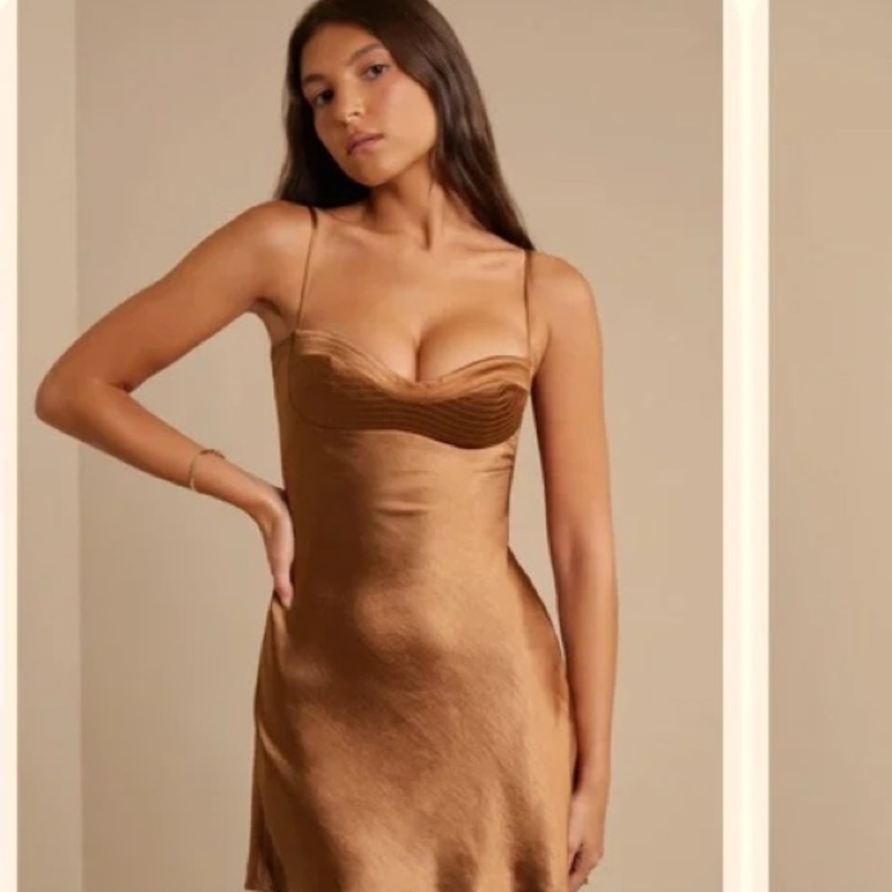 Oh Polly Brown Satin Chemise with Sweetheart Neckline